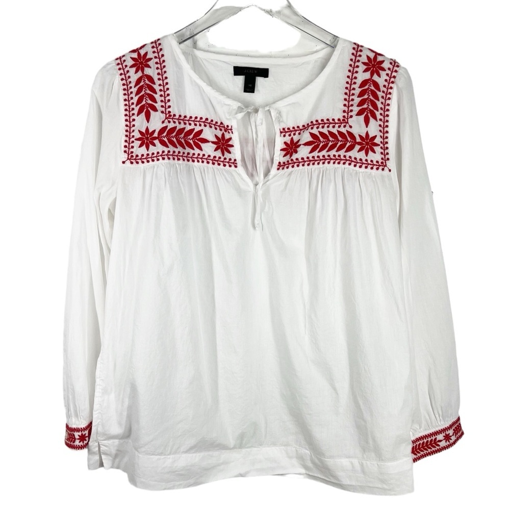 J. Crew White Blouse with Red Embroidery
